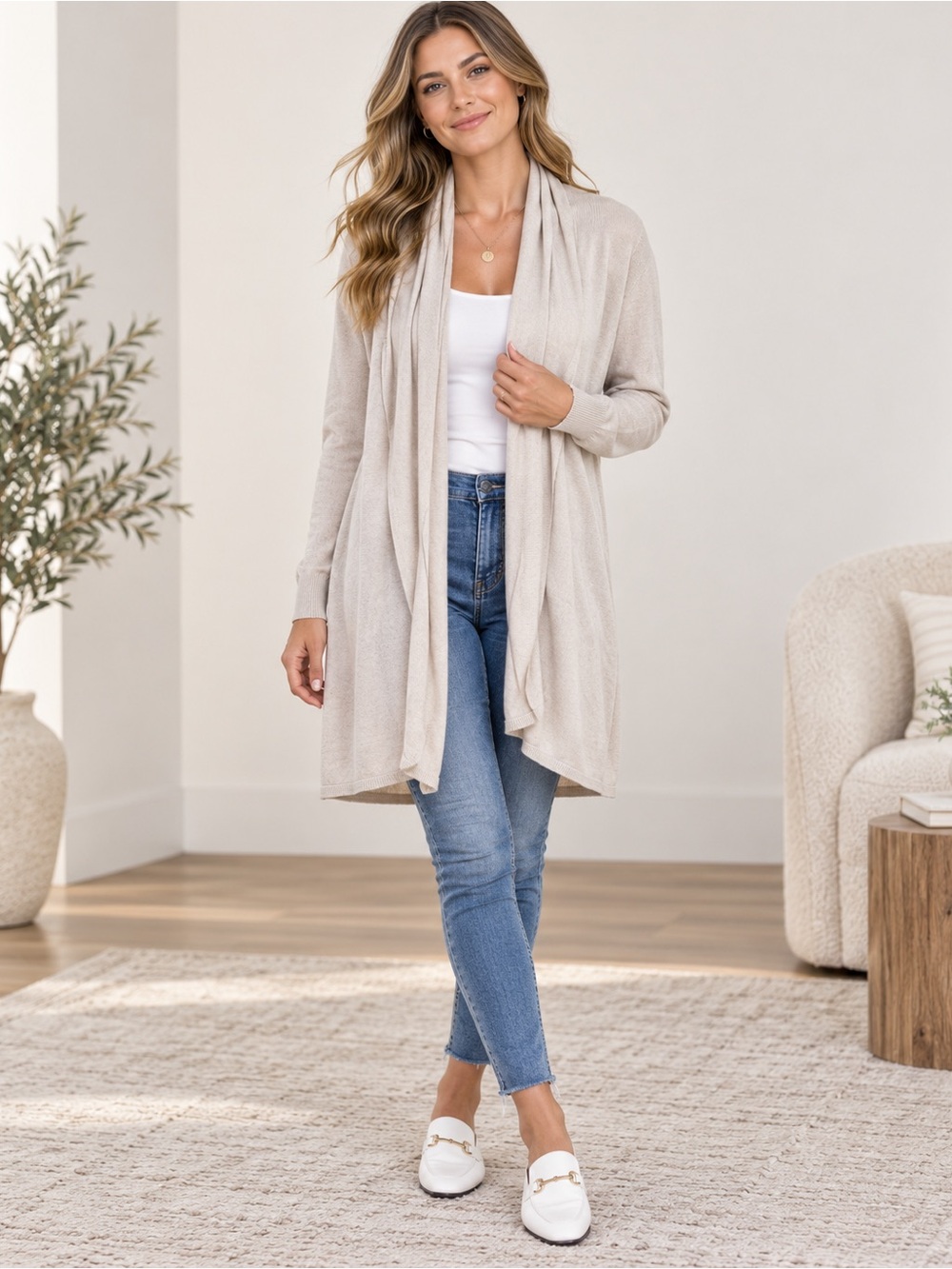 Abound Cream Beige Long Open Front Cardigan Draped Lightweight Sweater Medium